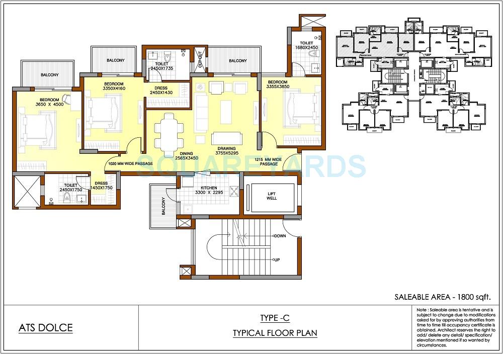 Floor plan of 3 BHK 1800 Sq. Ft. Apartment in ATS Dolce, Greater Noida