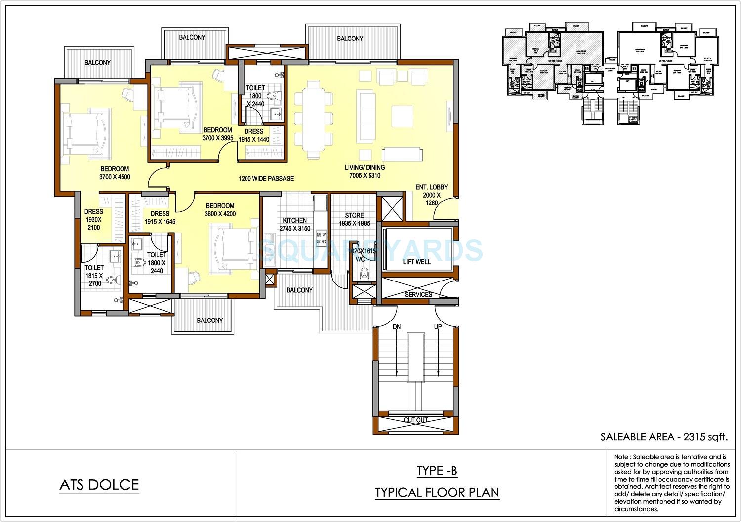 Floor plan of 3 BHK 2315 Sq. Ft. Apartment in ATS Dolce, Greater Noida