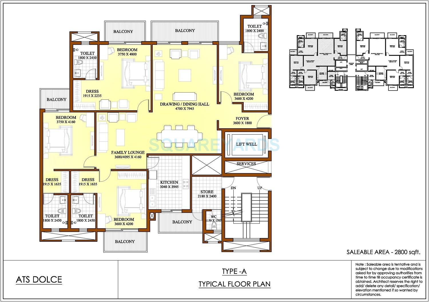 Floor plan of 4 BHK 2800 Sq. Ft. Apartment in ATS Dolce, Greater Noida