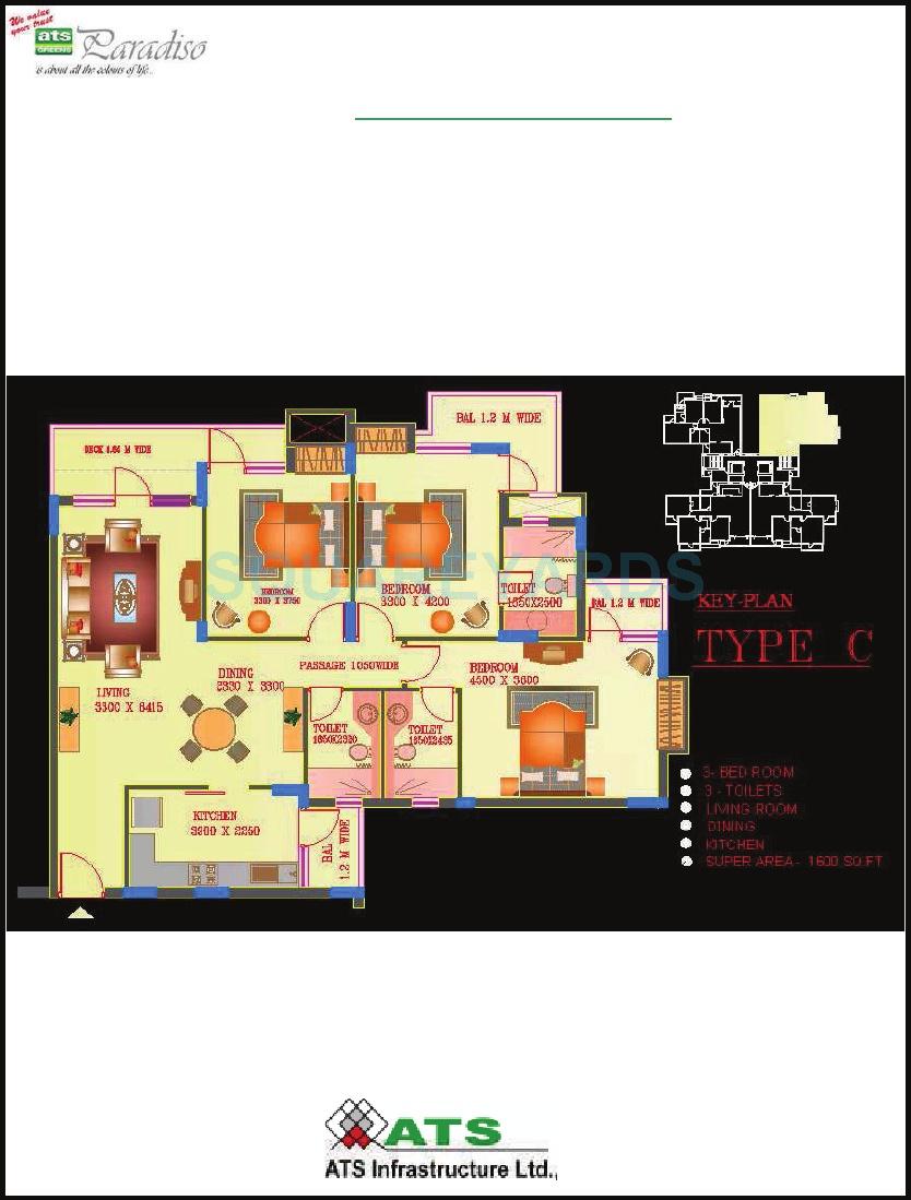 Floor plan of 3 BHK 1600 Sq. Ft. Apartment in ATS Paradiso, Greater Noida