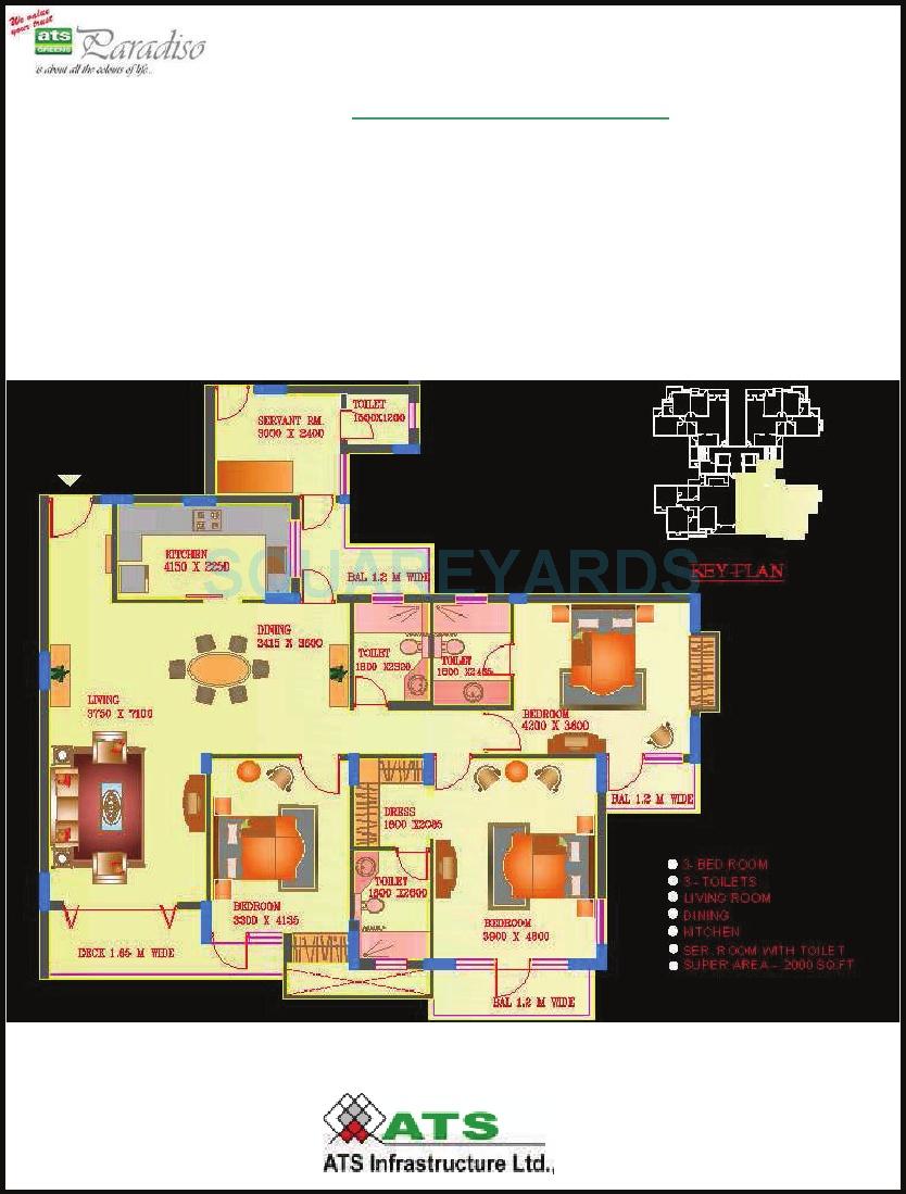 Floor plan of 3 BHK 2000 Sq. Ft. Apartment in ATS Paradiso, Greater Noida
