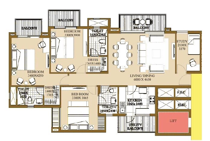 Floor plan of 3 BHK 1800 Sq. Ft. Apartment in ATS Rhapsody, Greater Noida