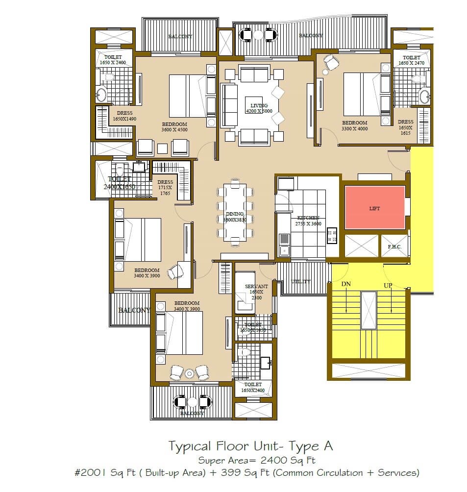 Floor plan of 3 BHK 2400 Sq. Ft. Apartment in ATS Rhapsody, Greater Noida