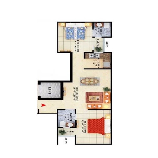 Floor plan of 2 BHK 850 Sq. Ft. Apartment in Avantika Homes, Greater Noida