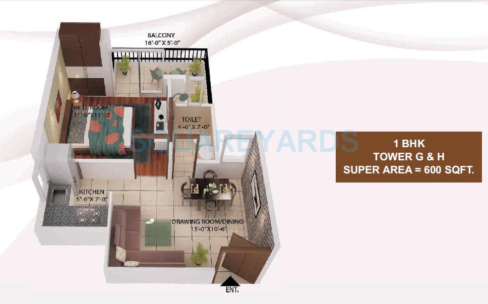 Floor plan of 1 BHK 600 Sq. Ft. Apartment in AVJ Heights, Greater Noida