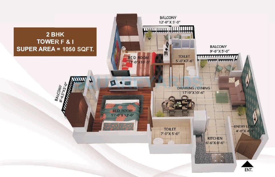 Floor plan of 2 BHK 1050 Sq. Ft. Apartment in AVJ Heights, Greater Noida