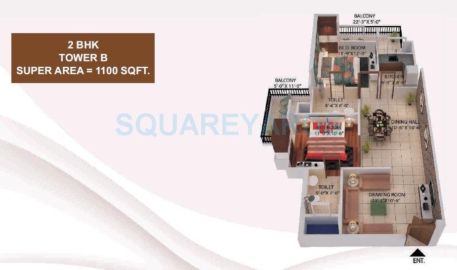 Floor plan of 2 BHK 1100 Sq. Ft. Apartment in AVJ Heights, Greater Noida