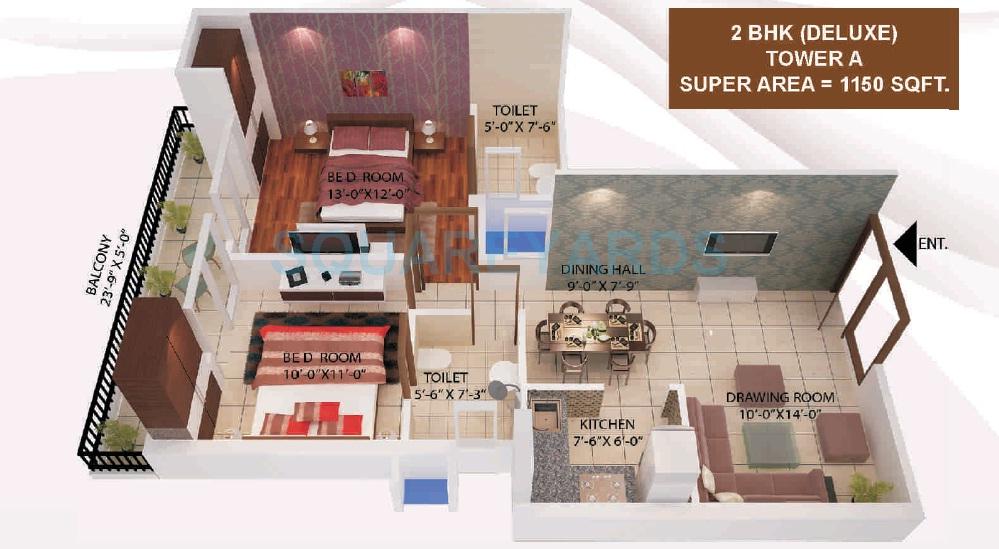 Floor plan of 2 BHK 1150 Sq. Ft. Apartment in AVJ Heights, Greater Noida