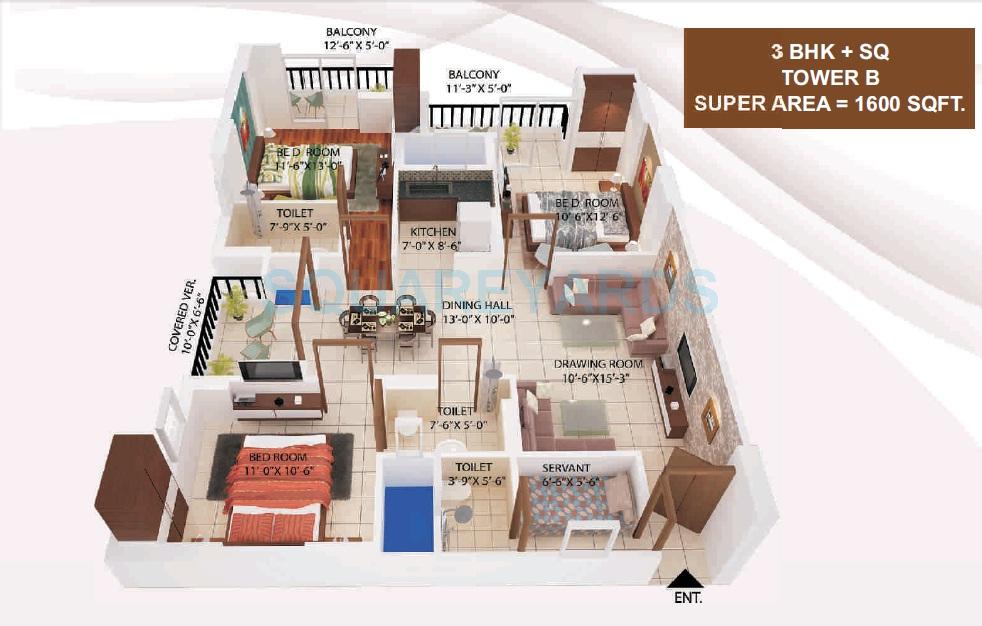Floor plan of 3 BHK 1600 Sq. Ft. Apartment in AVJ Heights, Greater Noida