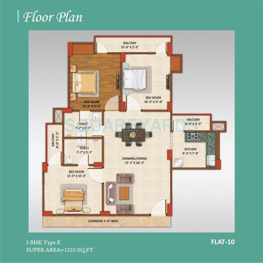 Floor plan of 3 BHK 1225 Sq. Ft. Apartment in AVJ Homes, Greater Noida
