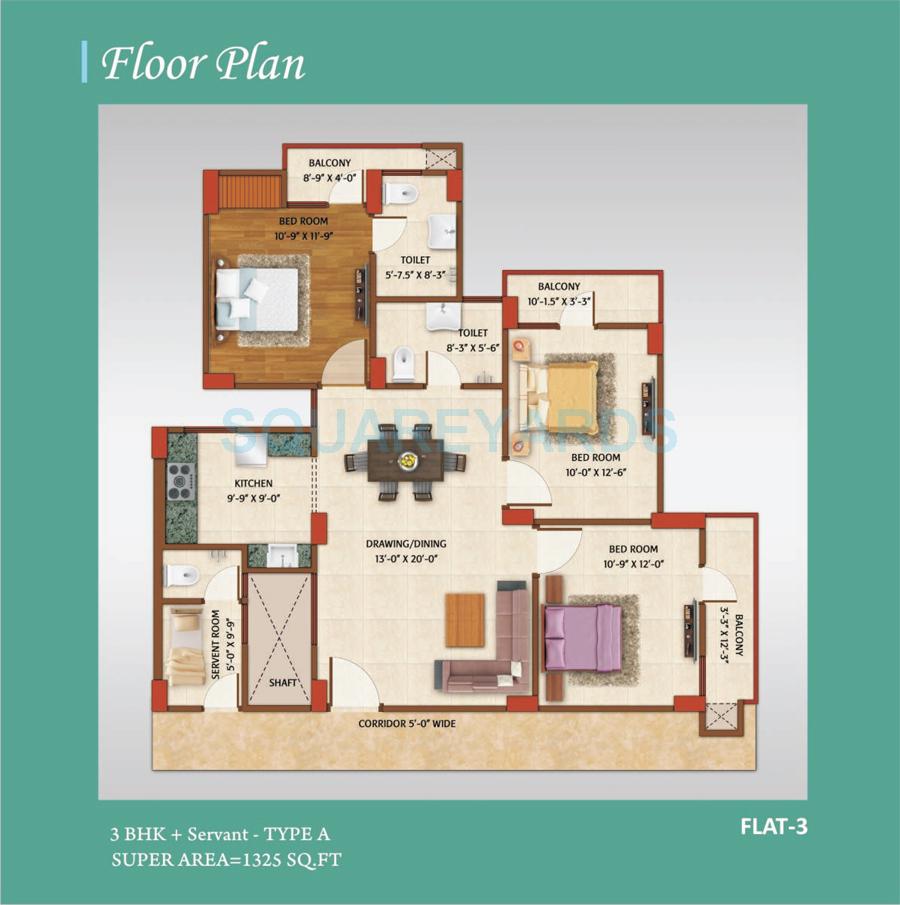 Floor plan of 3 BHK 1325 Sq. Ft. Apartment in AVJ Homes, Greater Noida