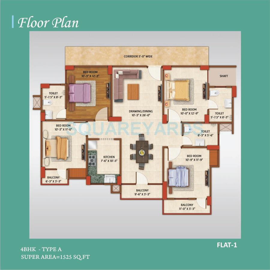Floor plan of 4 BHK 1525 Sq. Ft. Apartment in AVJ Homes, Greater Noida