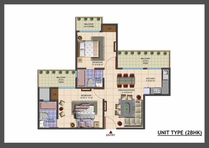 Floor plan of 2 BHK Apartment - 1100 sq. ft. in AVJ Info City, Greater Noida