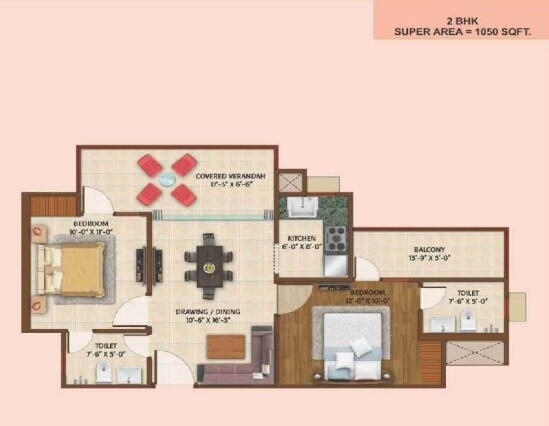 Floor plan of 2 BHK 1050 Sq. Ft. Apartment in AVJ Platinum, Greater Noida