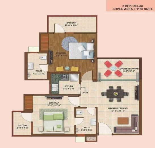 Floor plan of 2 BHK 1150 Sq. Ft. Apartment in AVJ Platinum, Greater Noida