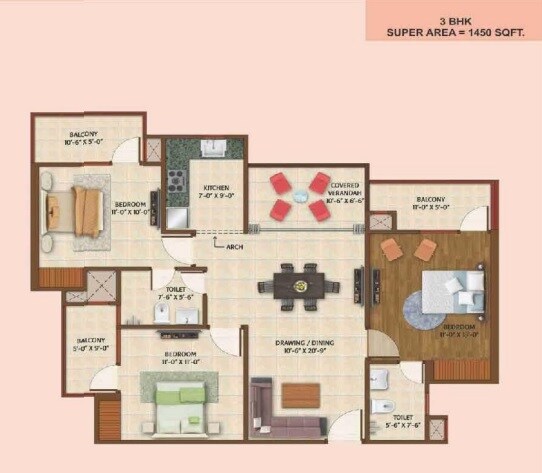 Floor plan of 3 BHK 1450 Sq. Ft. Apartment in AVJ Platinum, Greater Noida