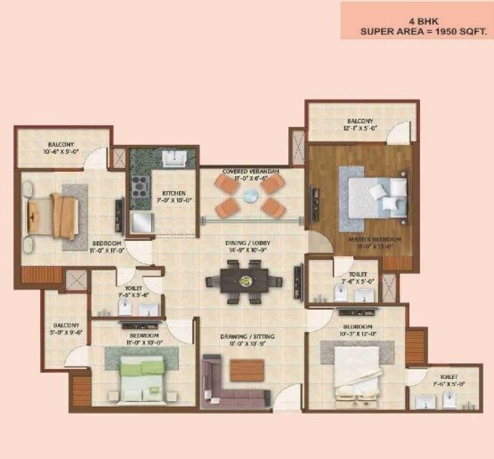 Floor plan of 4 BHK 1950 Sq. Ft. Apartment in AVJ Platinum, Greater Noida