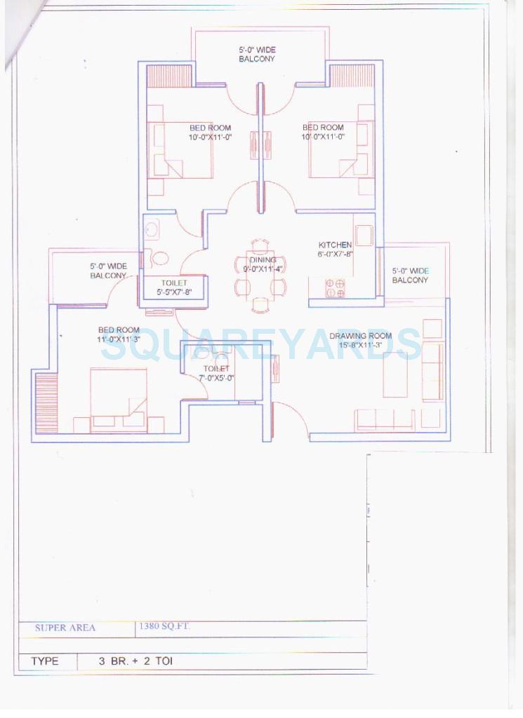 Floor plan of 3 BHK 1380 Sq. Ft. Apartment in Balaji Vivaan, Greater Noida