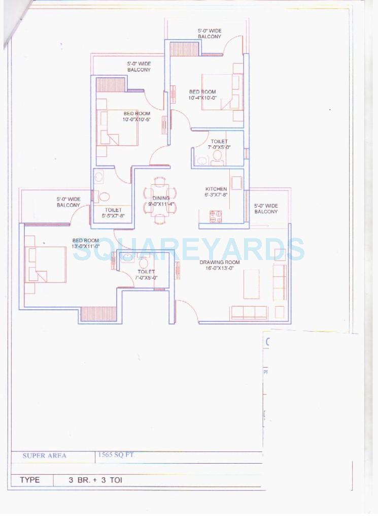 Floor plan of 3 BHK 1565 Sq. Ft. Apartment in Balaji Vivaan, Greater Noida