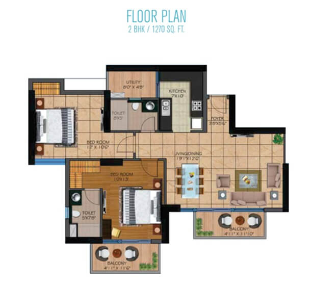 Floor plan of 2 BHK 1270 Sq. Ft. Apartment in Presithum 1, Greater Noida