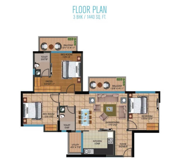 Floor plan of 3 BHK 1440 Sq. Ft. Apartment in Presithum 1, Greater Noida