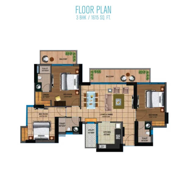 Floor plan of 3 BHK 1615 Sq. Ft. Apartment in Presithum 1, Greater Noida