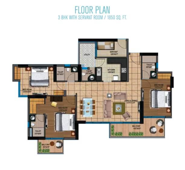 Floor plan of 3 BHK 1850 Sq. Ft. Apartment in Presithum 1, Greater Noida