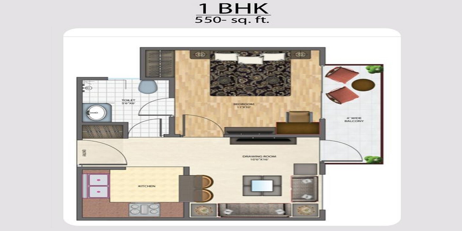 Floor plan of 1 BHK 550 Sq. Ft. Apartment in Brys Indihomz, Greater Noida