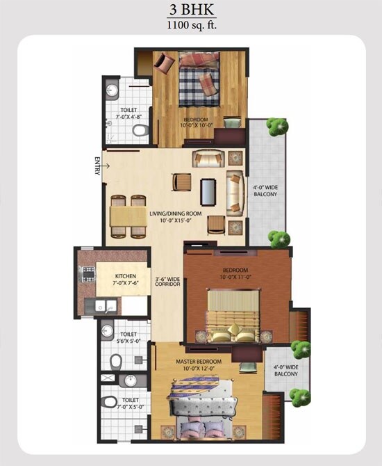 Floor plan of 3 BHK 1100 Sq. Ft. Apartment in Brys Indihomz, Greater Noida