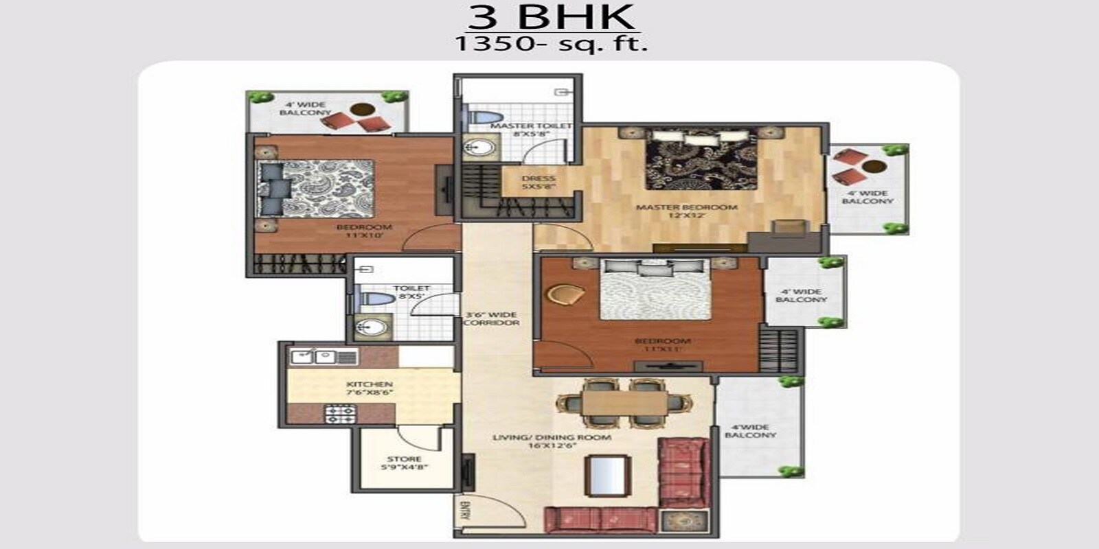 Floor plan of 3 BHK 1350 Sq. Ft. Apartment in Brys Indihomz, Greater Noida