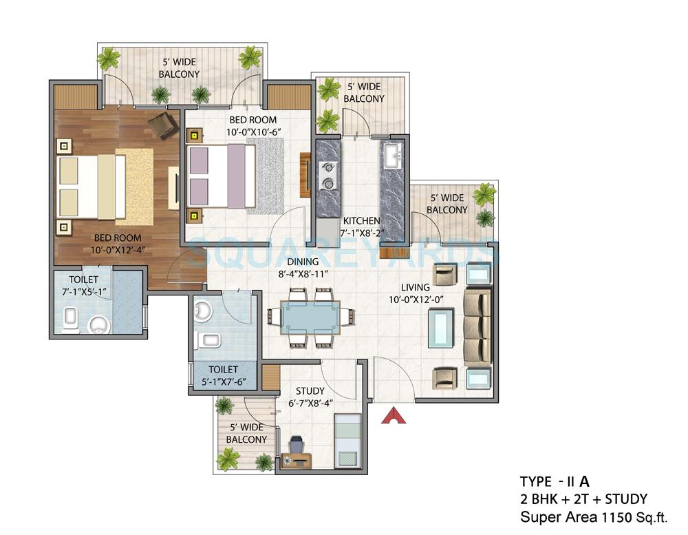 Floor plan of 2 BHK 1150 Sq. Ft. Apartment in BSB Vaibhav Heritage Height, Greater Noida