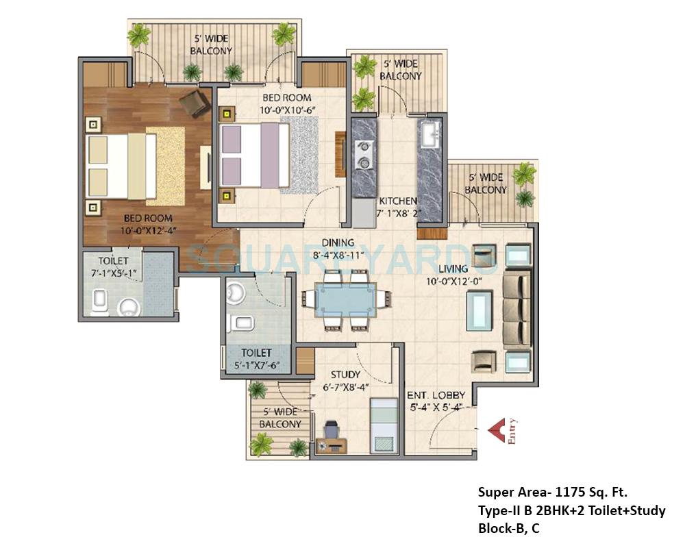 Floor plan of 2 BHK 1175 Sq. Ft. Apartment in BSB Vaibhav Heritage Height, Greater Noida