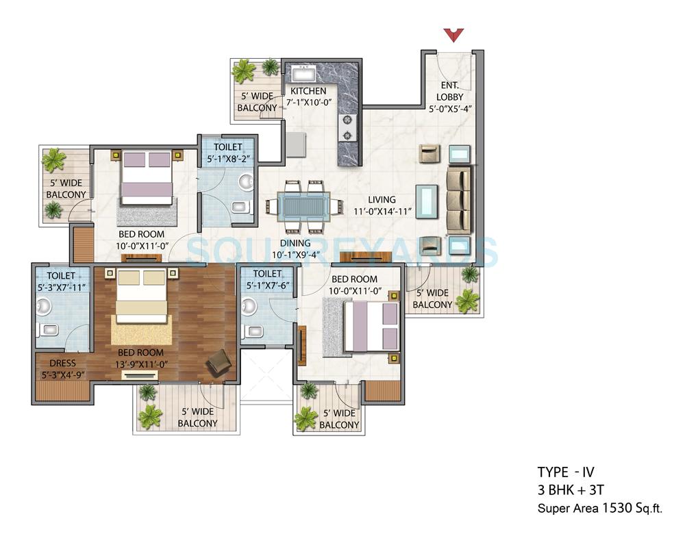 Floor plan of 3 BHK 1530 Sq. Ft. Apartment in BSB Vaibhav Heritage Height, Greater Noida