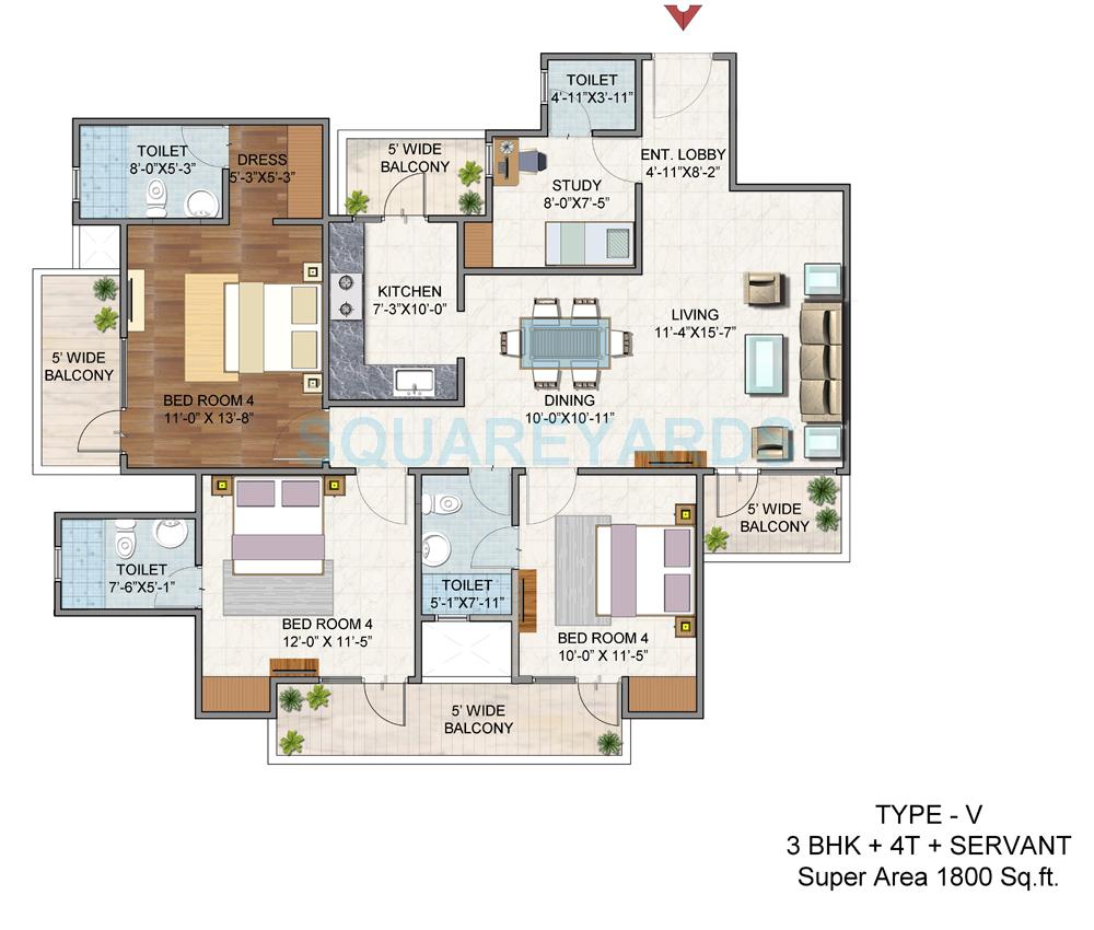 Floor plan of 3 BHK 1800 Sq. Ft. Apartment in BSB Vaibhav Heritage Height, Greater Noida