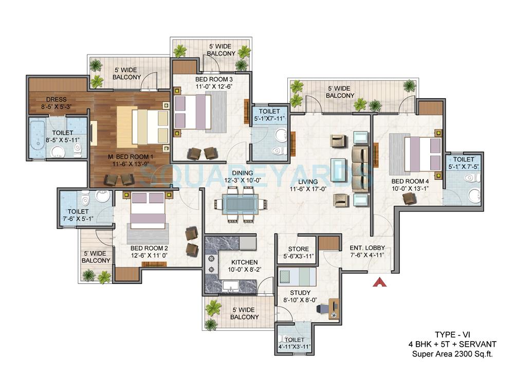 Floor plan of 4 BHK 2300 Sq. Ft. Apartment in BSB Vaibhav Heritage Height, Greater Noida