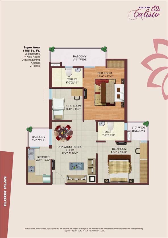 Floor plan of 2 BHK 1155 Sq. Ft. Apartment in Bulland Calisto Phase 2, Greater Noida