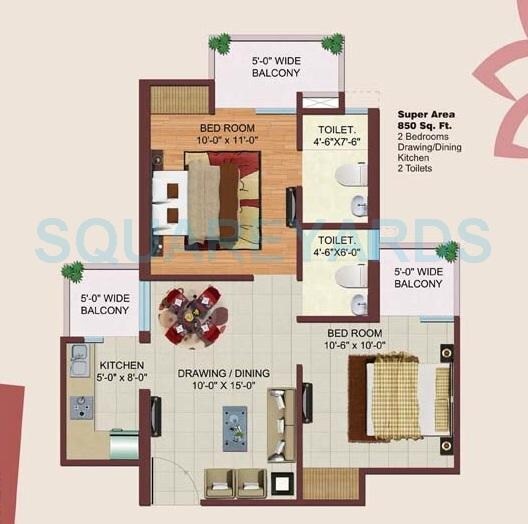 Floor plan of 2 BHK 850 Sq. Ft. Apartment in Bulland Calisto Phase 2, Greater Noida