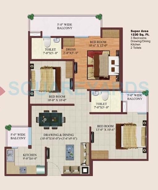 Floor plan of 3 BHK 1230 Sq. Ft. Apartment in Bulland Calisto Phase 2, Greater Noida