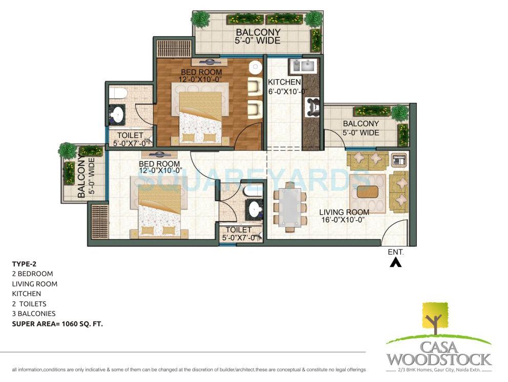 Floor plan of 2 BHK 1060 Sq. Ft. Apartment in Casa Woodstock, Greater Noida