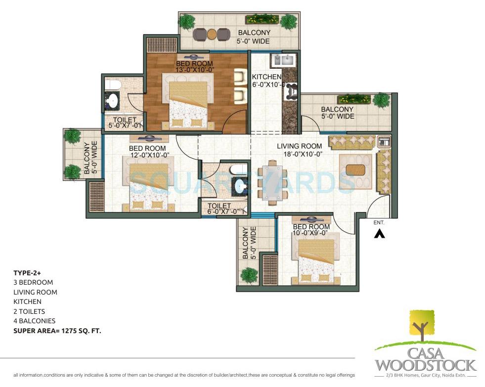 Floor plan of 3 BHK 1275 Sq. Ft. Apartment in Casa Woodstock, Greater Noida
