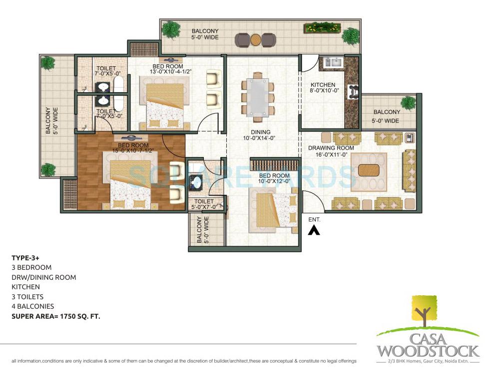Floor plan of 3 BHK 1750 Sq. Ft. Apartment in Casa Woodstock, Greater Noida