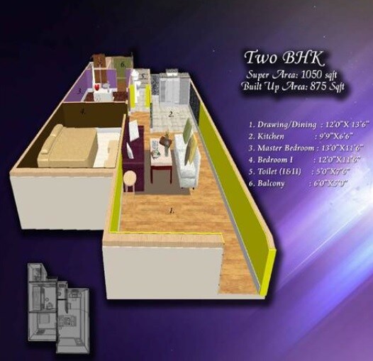 Floor plan of 2 BHK 1050 Sq. Ft. Apartment in Celestial Palace, Greater Noida