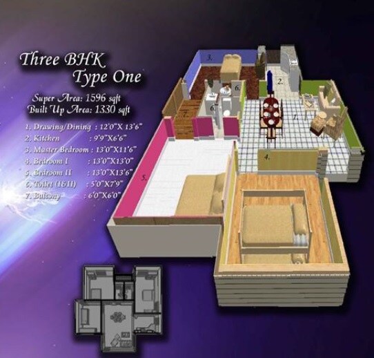 Floor plan of 3 BHK 1596 Sq. Ft. Apartment in Celestial Palace, Greater Noida