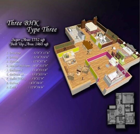 Floor plan of 3 BHK 1752 Sq. Ft. Apartment in Celestial Palace, Greater Noida