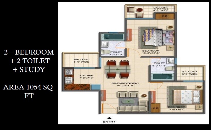 Floor plan of 2 BHK 1054 Sq. Ft. Apartment in Cinnamon Avenue, Greater Noida