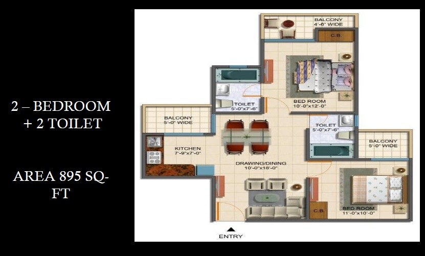 Floor plan of 2 BHK 895 Sq. Ft. Apartment in Cinnamon Avenue, Greater Noida