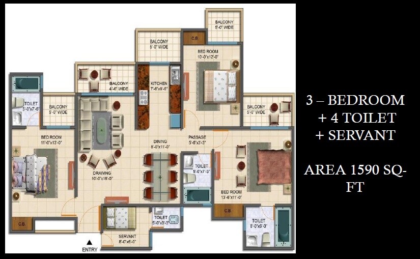 Floor plan of 3 BHK 1590 Sq. Ft. Apartment in Cinnamon Avenue, Greater Noida