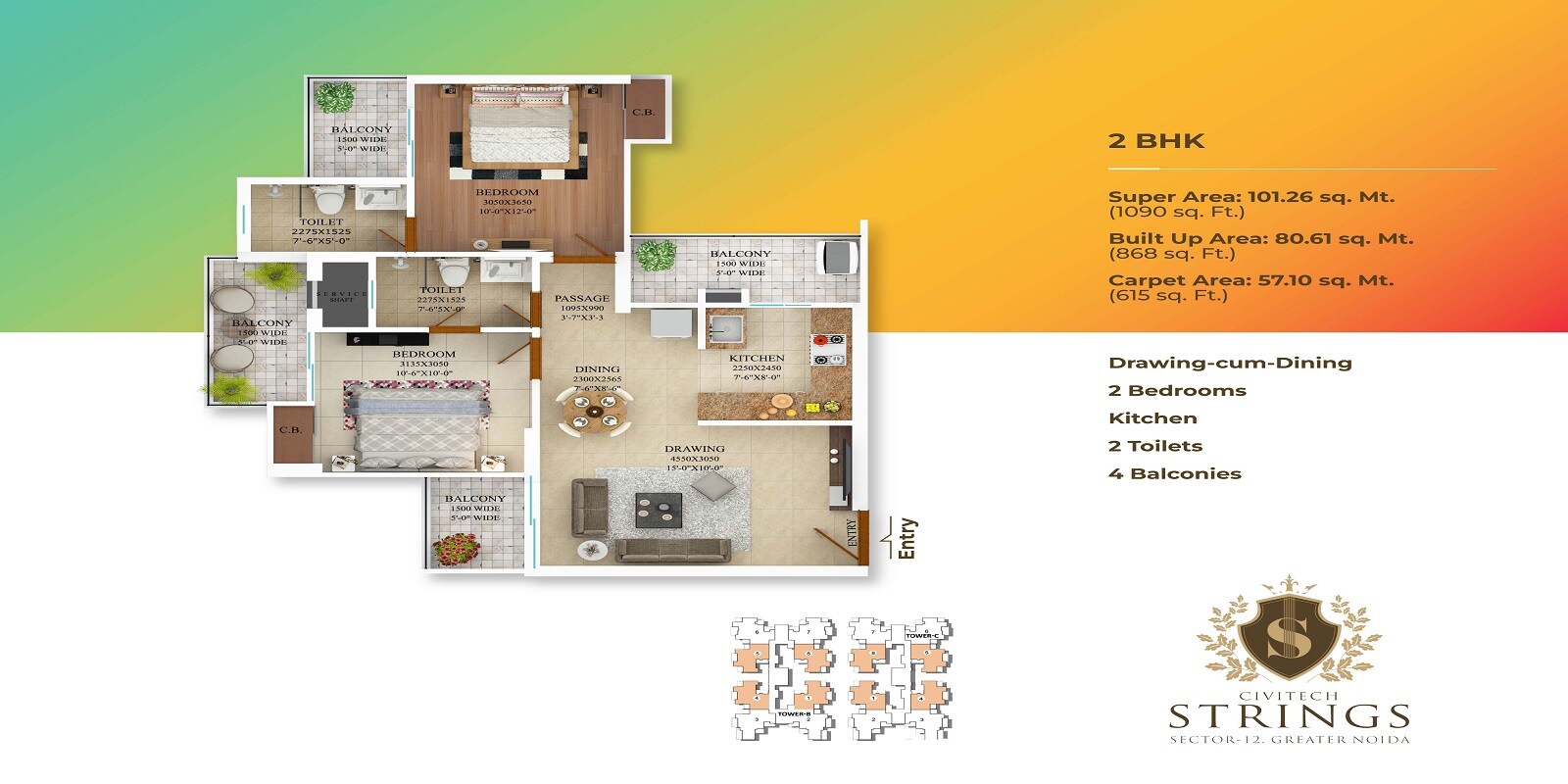 Floor plan of 2 BHK 1090 Sq. Ft. Apartment in Civitech Strings, Greater Noida