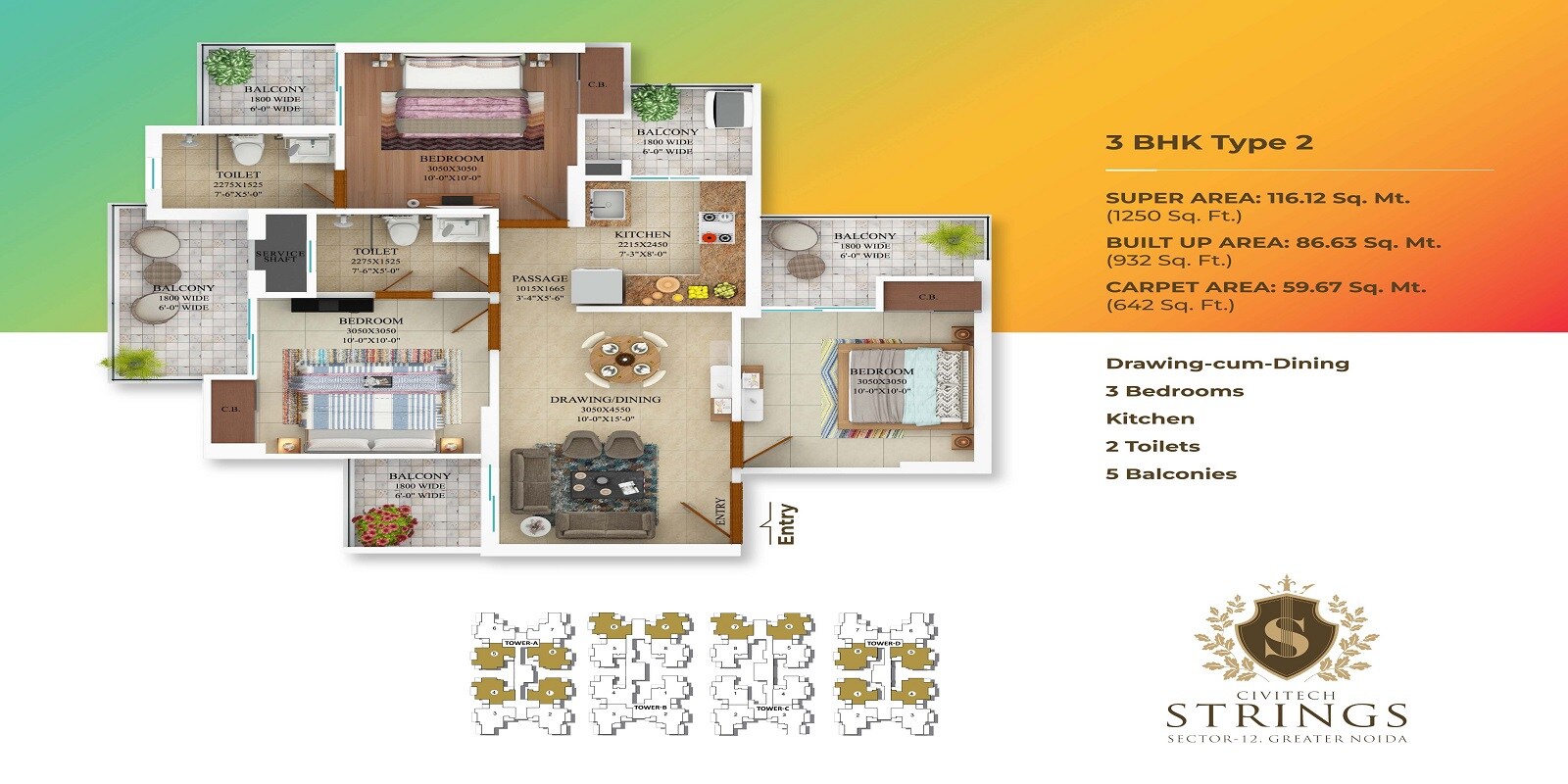 Floor plan of 3 BHK 1250 Sq. Ft. Apartment in Civitech Strings, Greater Noida