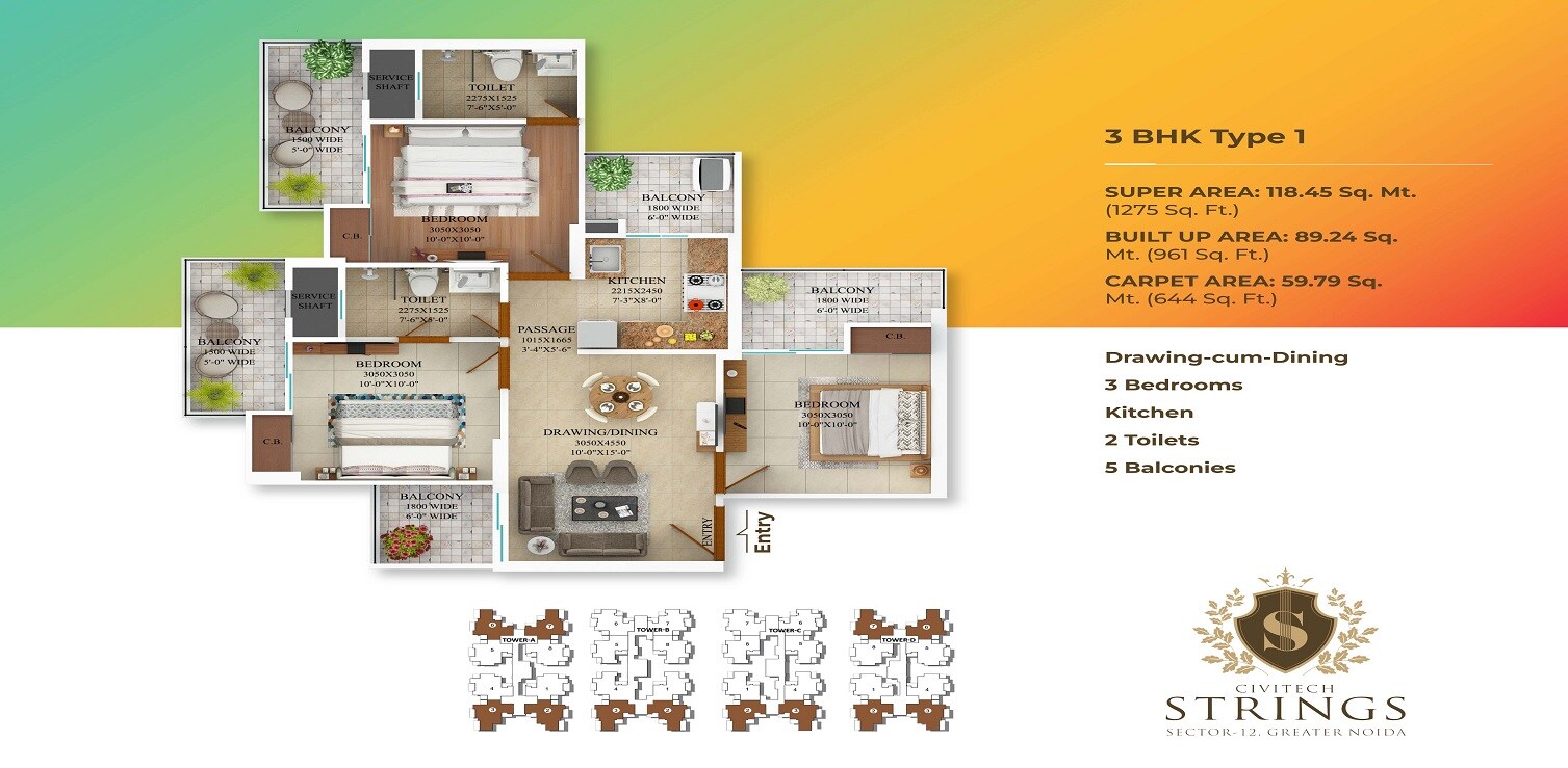 Floor plan of 3 BHK 1275 Sq. Ft. Apartment in Civitech Strings, Greater Noida
